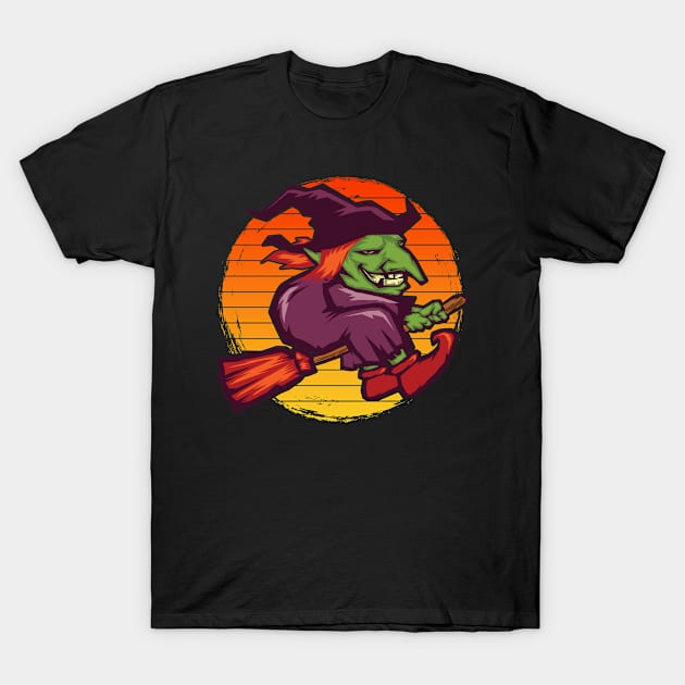 Vintage Funny Flying Witch Halloween T-Shirt by Kali Space